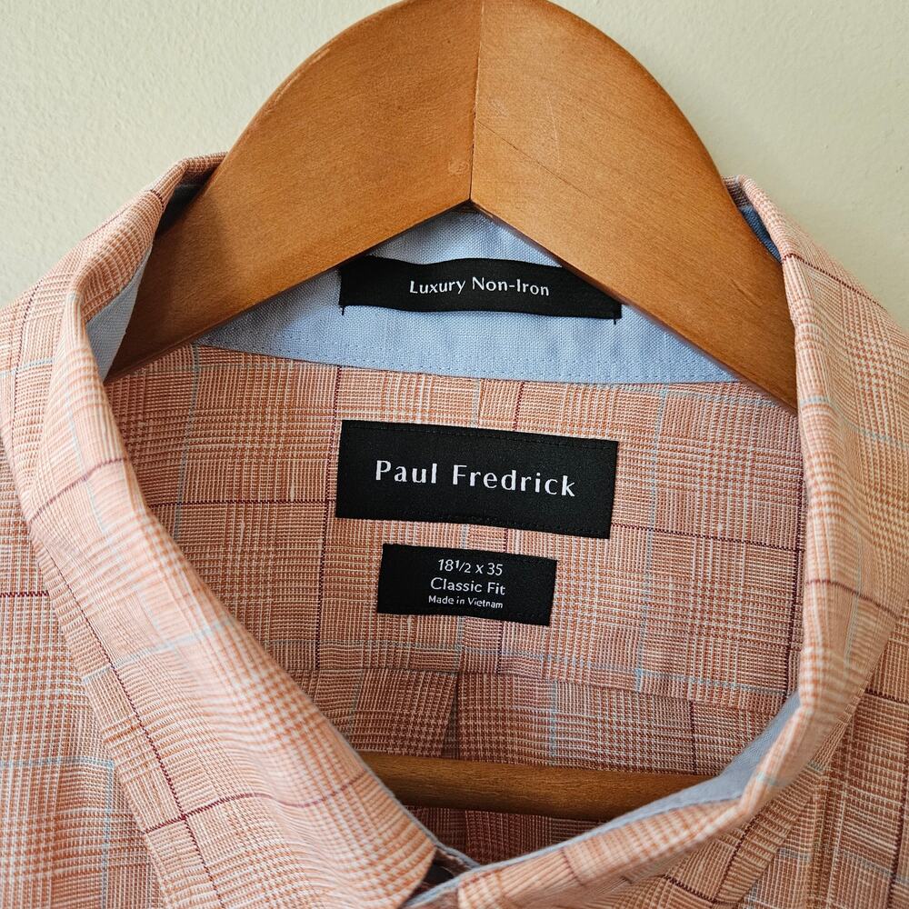 Paul Fredrick Men's Non-Iron Linen Button Down Shirt, Size 18.5/35 Classic Plaid - Picture 3 of 8